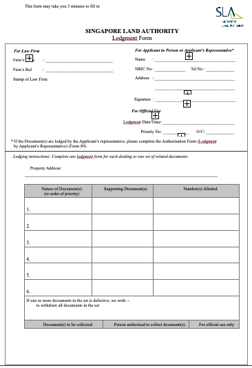 A sample of the soft copy of the Lodgement Form, from Singapore Land Authority.
